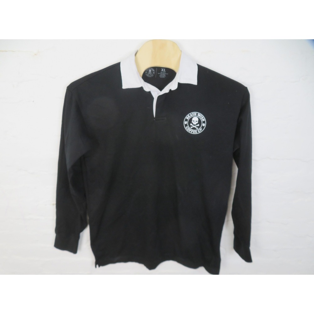 Death Wish Coffee Co Rugby Polo Shirt Mens XL Black White Collar Long Sleeve